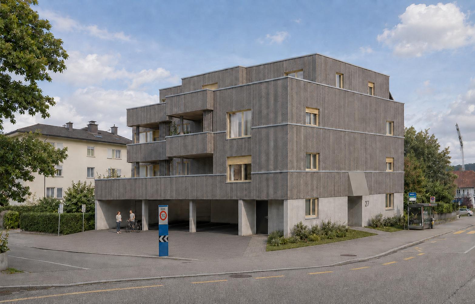 Mehrgeschossiges Wohngebäude mit Holzfassade
